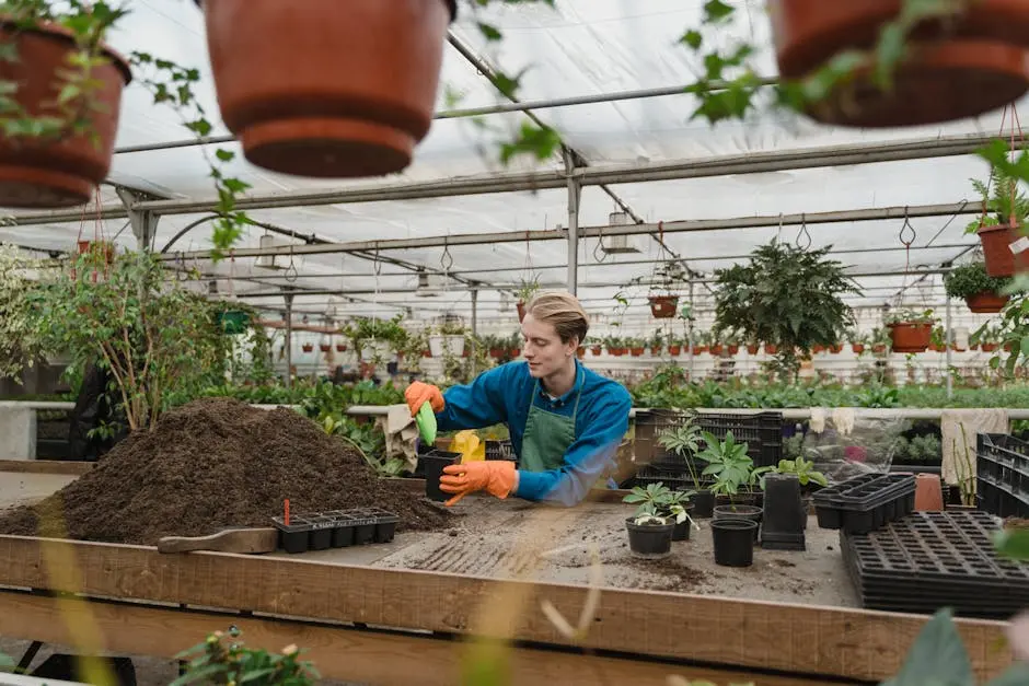 A gardener working in a greenhouse, potting plants and preparing soil.