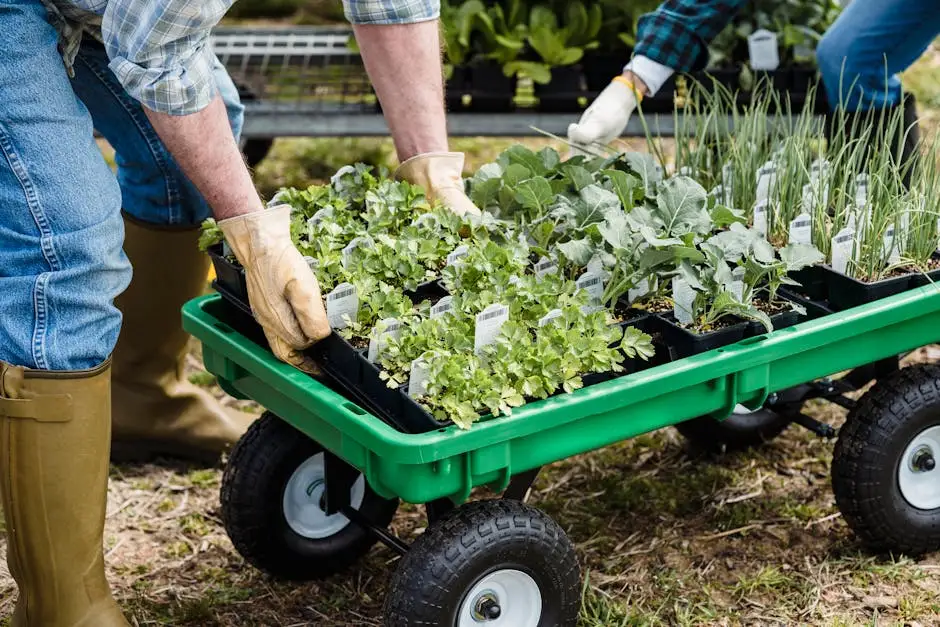 Gardener moving seedlings in a wheelbarrow in preparation for planting.