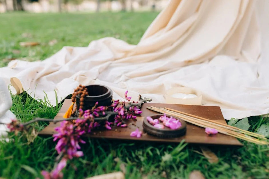 A tranquil outdoor setting featuring flowers, incense sticks, and white fabric for a calming aromatherapy experience.