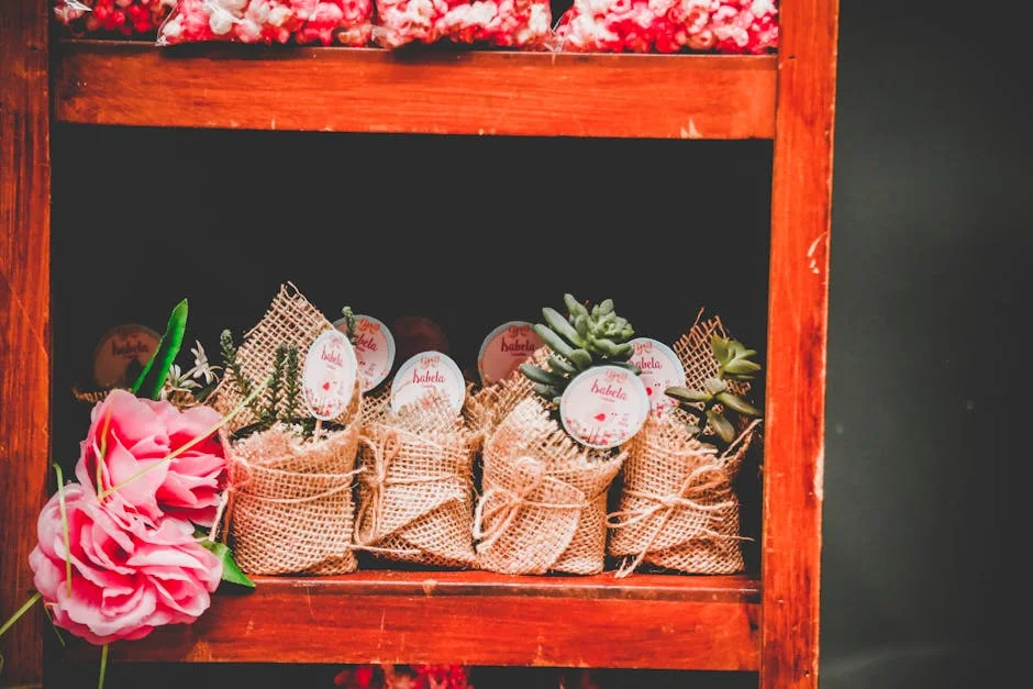 Charming rustic event souvenirs featuring burlap-wrapped succulent plants and pink flower decoration.