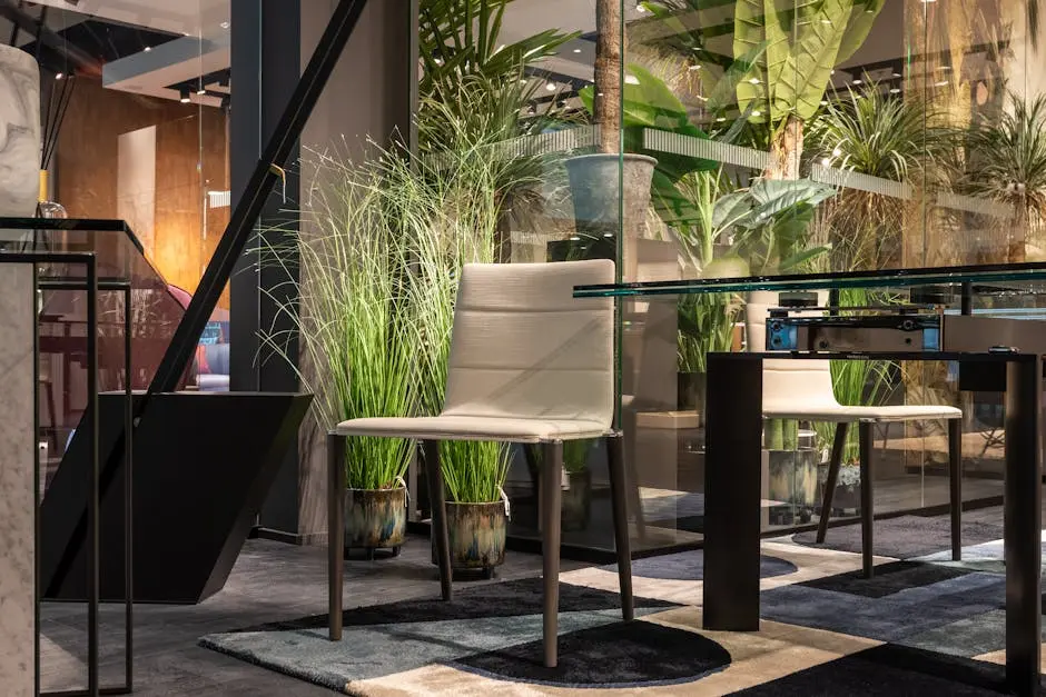 Stylish dining area featuring modern furniture and lush indoor plants, creating a cozy atmosphere.