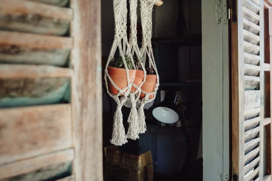 Macrame plant holders with terracotta pots in a rustic sunlit interior, perfect for boho decor.