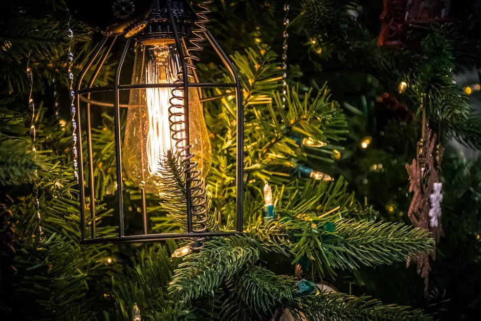 Close-up of a vintage bulb glowing on a Christmas tree with festive decorations.