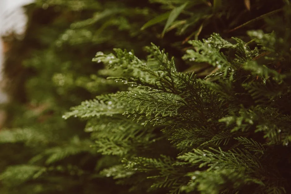 Close-up of green evergreen shrubs with dew drops, showcasing natural beauty and freshness outdoors.