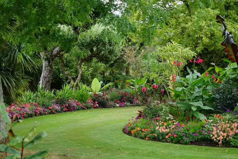 A serene garden pathway surrounded by vibrant flowers and lush greenery, ideal for relaxation.