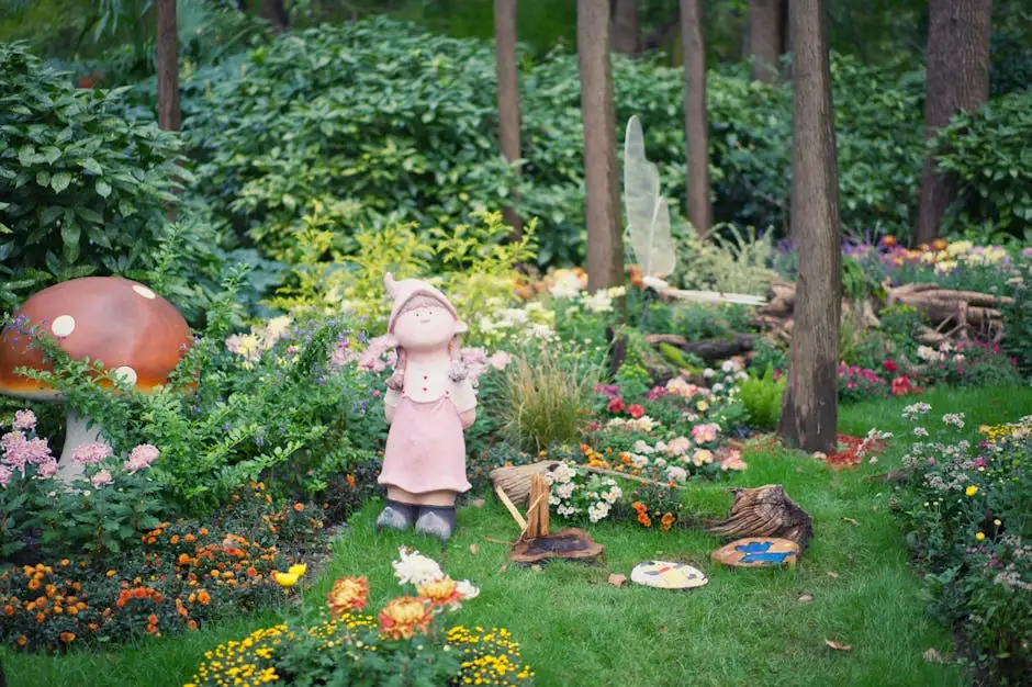Charming garden scene with a fairy statue, mushroom, and colorful flowers.