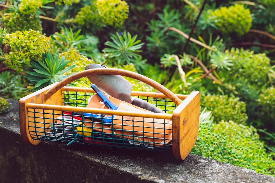 Wooden basket with garden tools on a stone ledge surrounded by greenery.