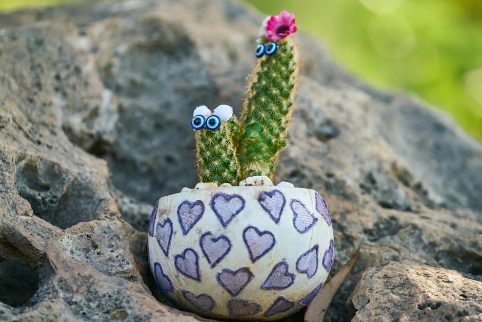 Cute cactus with googly eyes in heart-patterned pot on rocky surface, perfect for decor themes.