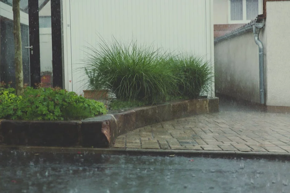 A rainy day in a residential courtyard with lush greenery and stone pavement.