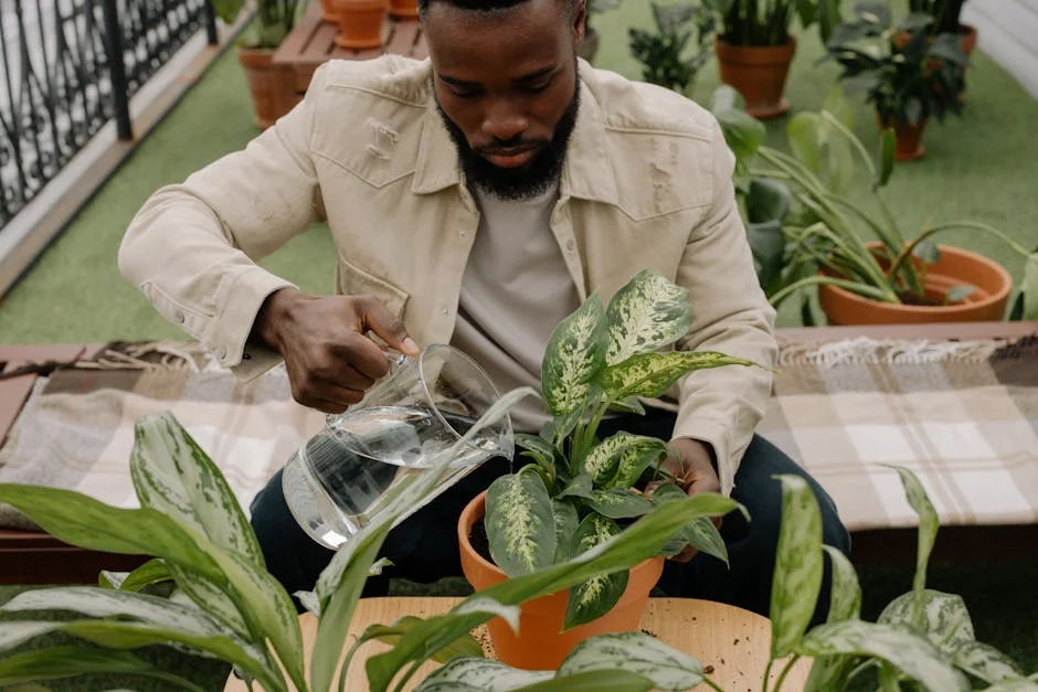 A man tending to his potted houseplants, pouring water with care.