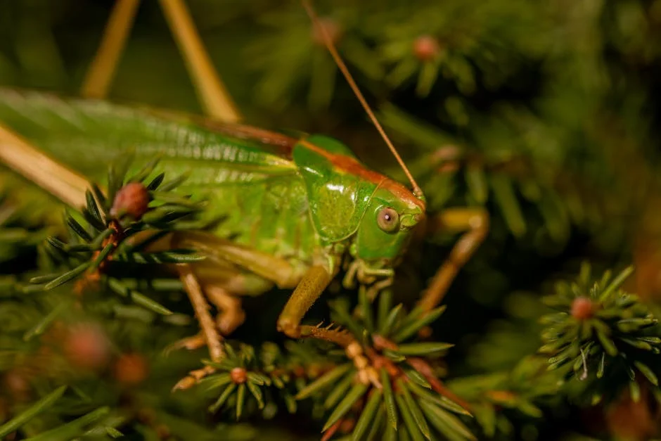 Macro shot of a vibrant green grasshopper resting on pine needles, showcasing its intricate details.
