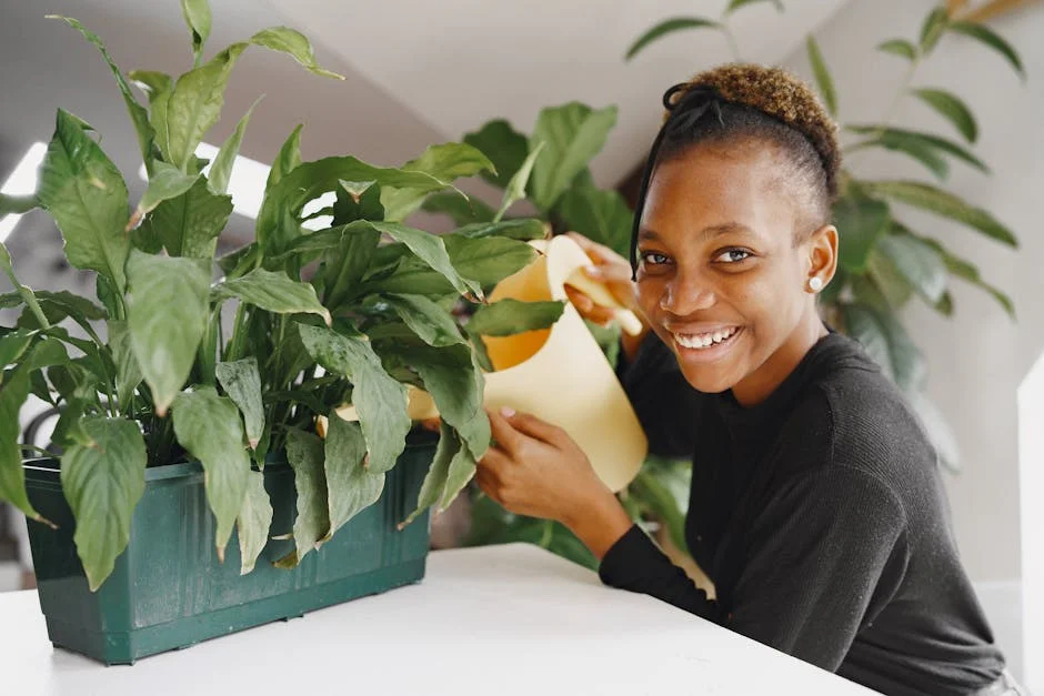 A cheerful teenager smiles while watering houseplants indoors, promoting greenery care.