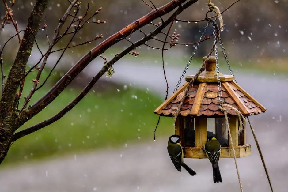 Two birds perched on a hanging wooden birdhouse amidst a rainy spring backdrop.