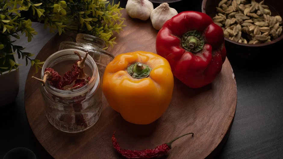 Vibrant red and yellow bell peppers with dried chilies and spices on a rustic kitchen setup.