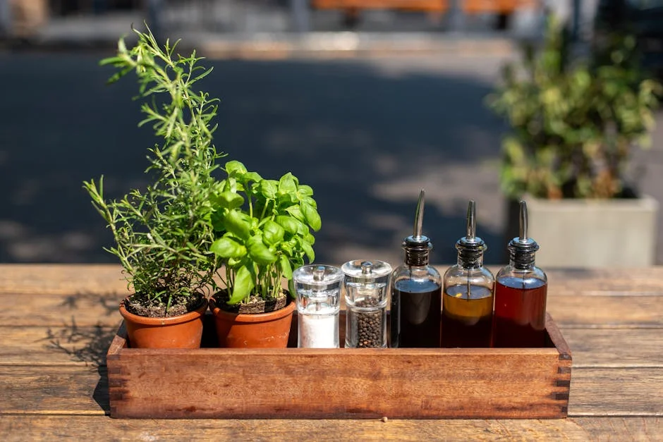Herbs and condiments neatly arranged on a table outdoors, perfect for culinary themes.