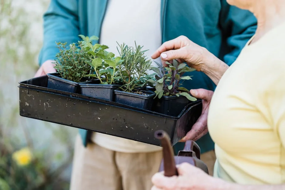 Crop anonymous female horticulturist standing with watering can and touching springs in container held by husband