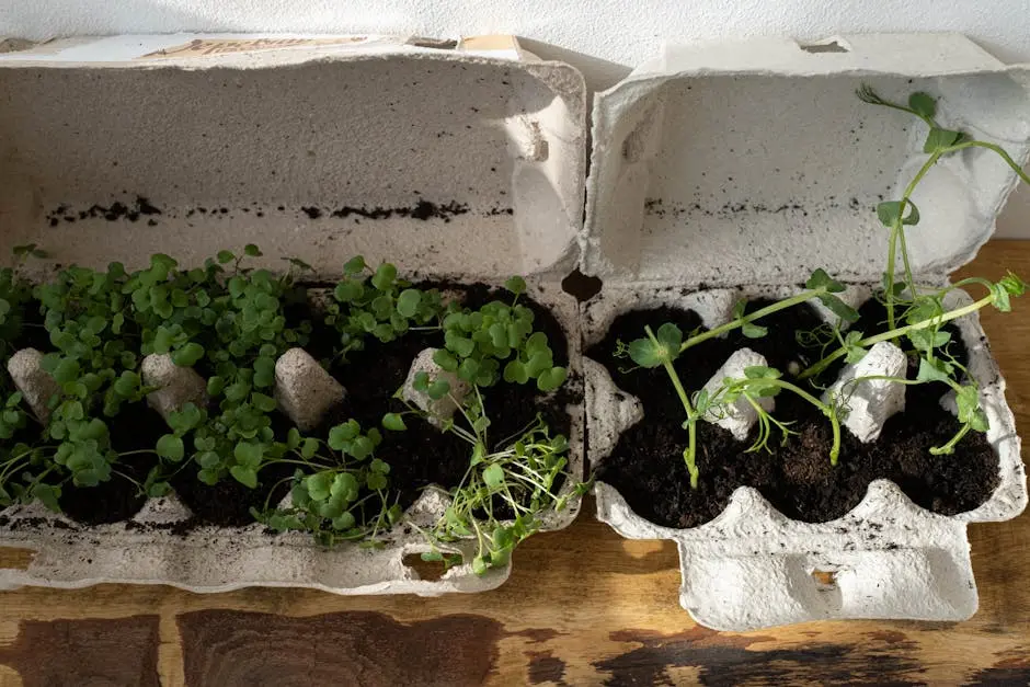 Organic herbs growing in recycled egg cartons on a wooden surface, embracing zero waste gardening.