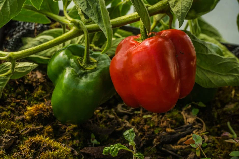 Close-up view of red and green bell peppers growing in Guasca, Cundinamarca, Colombia.