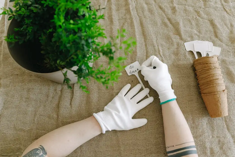Gardener with gloves labeling a plant indoors with eco-friendly theme.