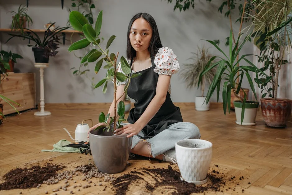 Woman sitting on floor potting plants indoors, highlighting green lifestyle and domestic care.