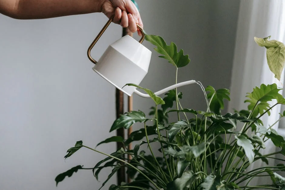 A person watering an indoor houseplant with a stylish watering can.
