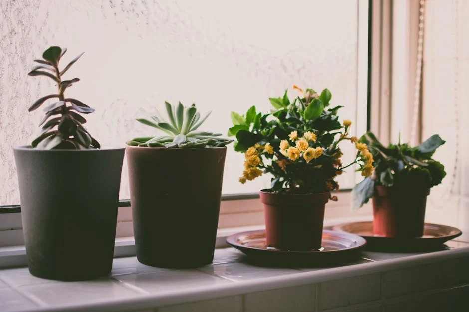 A collection of potted succulents and vibrant yellow flowers on a sunny windowsill.