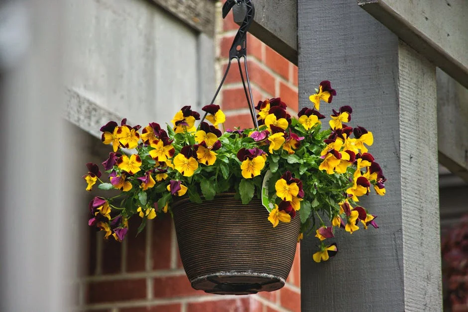 A hanging pot filled with vibrant yellow and purple pansies, creating a colorful outdoor display.