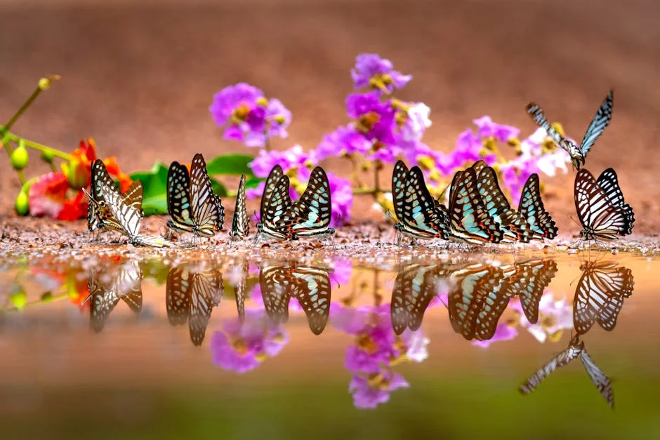 Vibrant butterflies gather near flowers, reflecting in the calm water.