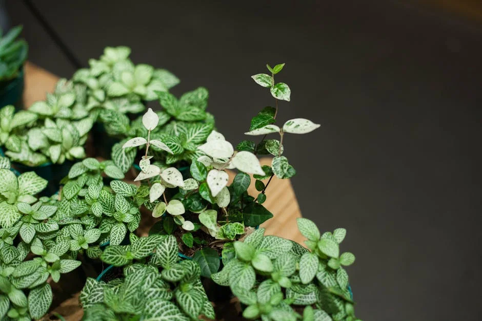 Close-up of lush green variegated houseplants indoors on a wooden table.