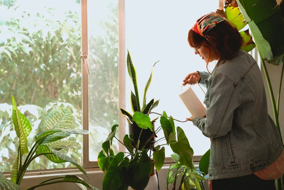 Redheaded woman nurturing green houseplants by a sunlit window indoors.