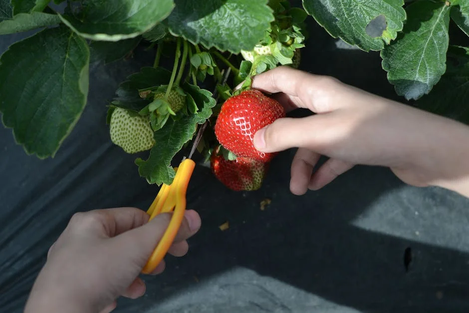 Hands picking ripe strawberries with scissors in a garden, highlighting farming and freshness.