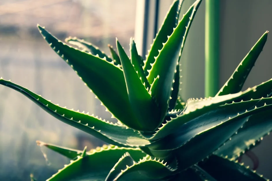 Vivid close-up of an aloe vera plant with sunlight highlighting its spiky green leaves.