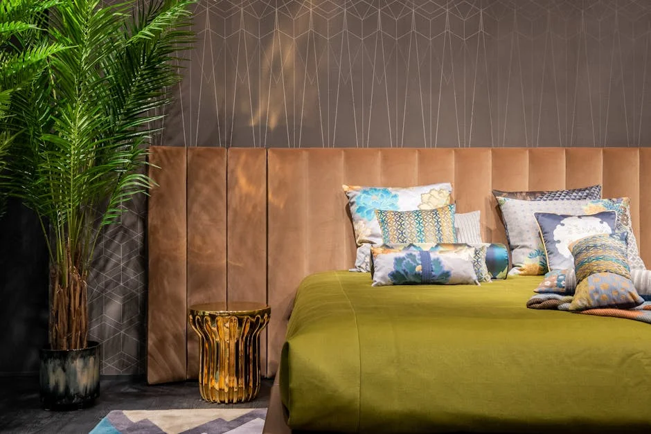 Comfortable bed with headrest decorated with bright pillows placed near nightstand and potted plant against wallpaper with geometric pattern