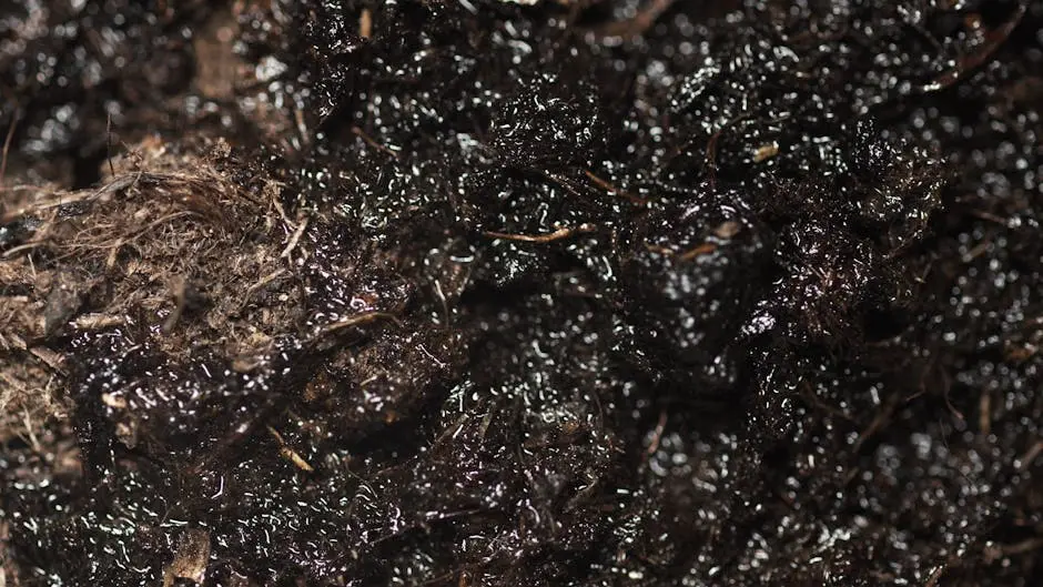 Close-up macro photography of dark, damp soil texture with organic materials.