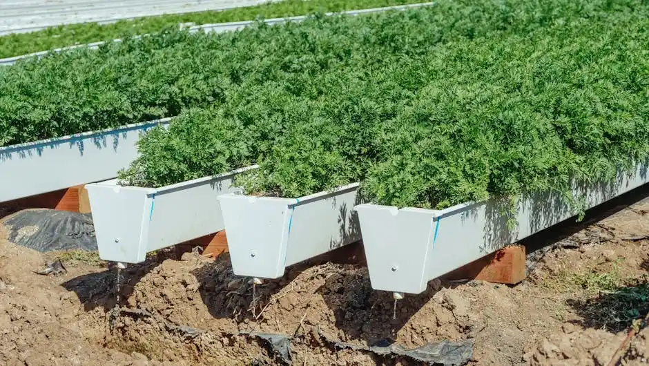 Vibrant green carrot plants thriving in white outdoor planters under sunlight.