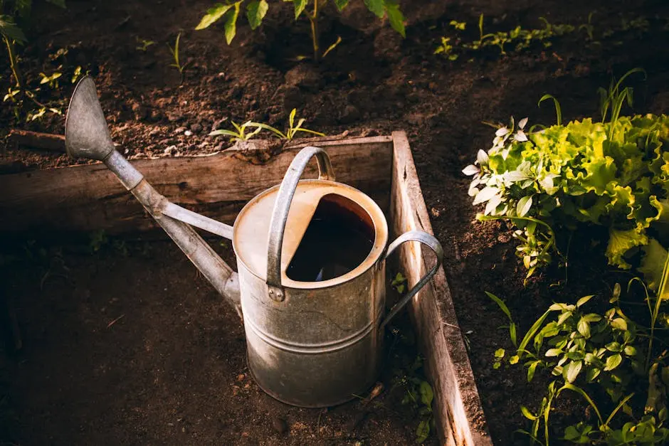 A vintage watering can in a raised garden bed surrounded by fresh green lettuce and plants.