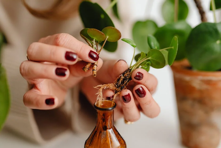 Hands placing a Pilea plant cutting with roots into a small glass bottle. Ideal for gardening and home decor themes.
