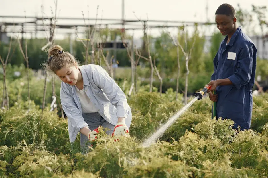 A diverse pair efficiently tending to plants outdoors with a hose, vibrant green foliage.