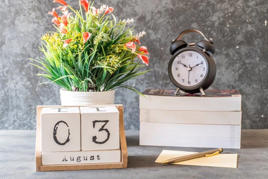 Stylish August 3rd setup with a vintage clock, flower arrangement, and calendar blocks on a desk.