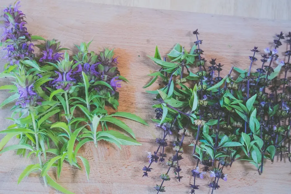 A flat lay of vibrant purple herbs and green leaves on a wooden cutting board.