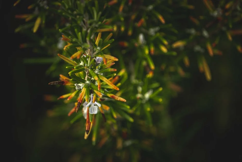 Detailed close-up photo of rosemary showing green and dried leaves, highlighting natural beauty.