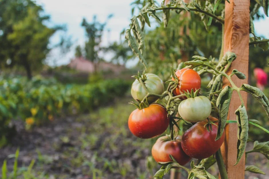 Vibrant red and green tomatoes growing on a plant in a Budapest garden.