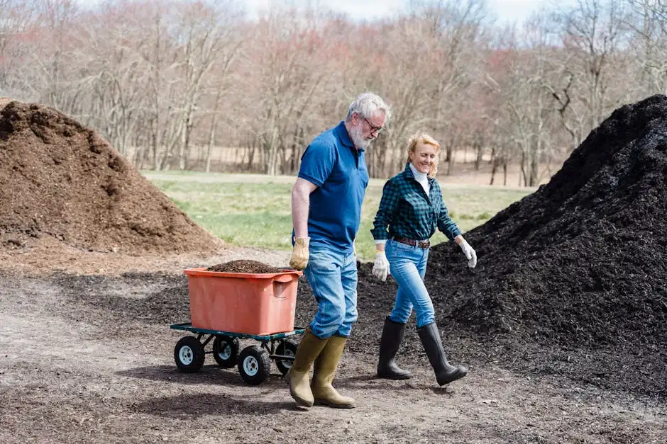 Elderly couple gardening with a wheelbarrow full of soil outdoors, wearing gloves and boots.