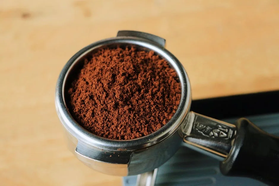 Close-up of freshly ground coffee in a portafilter ready for brewing espresso.