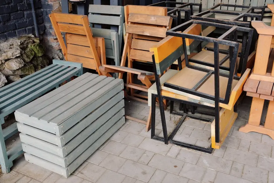 A mix of wooden benches, chairs, and metal frames stacked outside on a paved area.