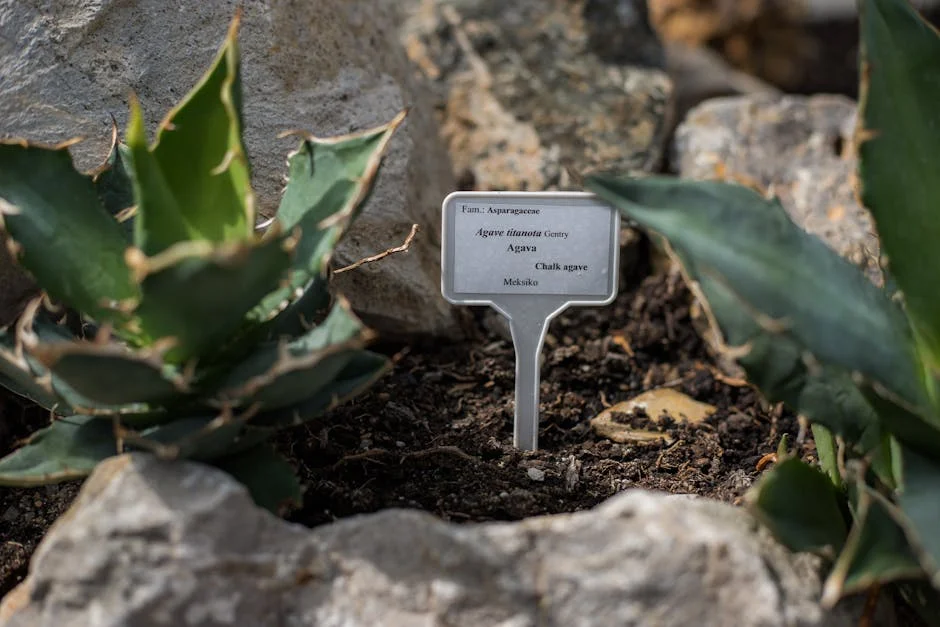 Close-up of chalk agave plant with label in a rocky garden setting, highlighting botanical details.
