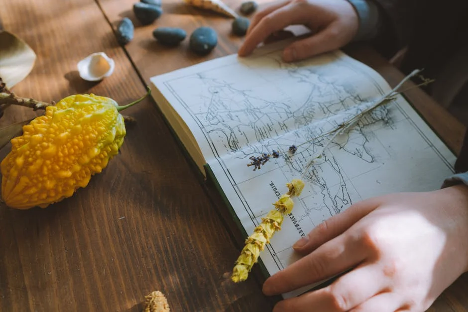 Hands browsing a botanical guide on a wooden table with dried plants and stones.