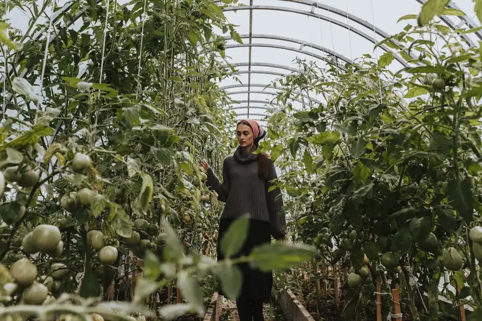 A female gardener inspects ripening tomatoes in a greenhouse.