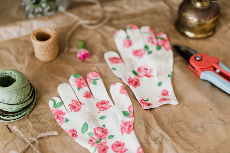 Pair of floral gloves with gardening tools and twine on a rustic table.