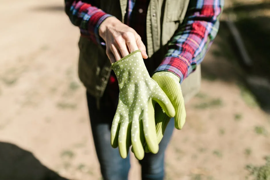 A person in casual attire putting on green polka-dotted garden gloves under sunlight.
